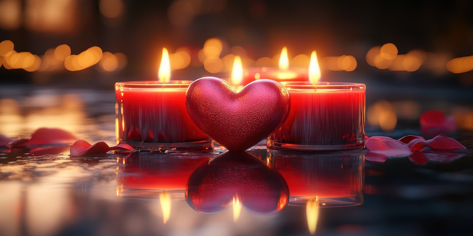 Romantic candlelight arrangement with heart decoration surrounded by rose petals in soft evening glow